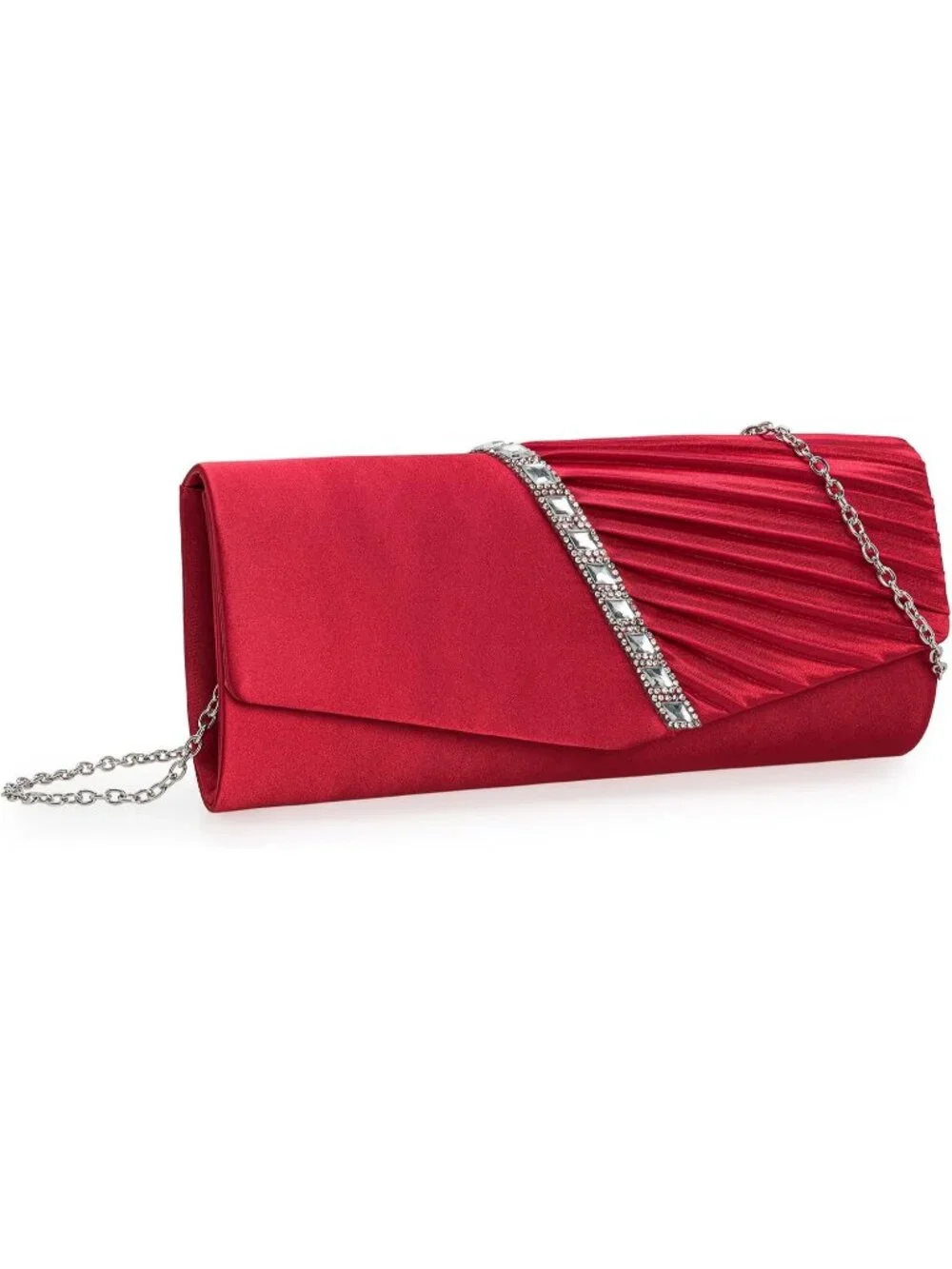 Women's Red Crystal Embellished Pleated Satin Clutch Purse For Evening Bag